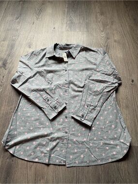 Gray Button-Up Shirt with Pink Polka Dots - Women’s